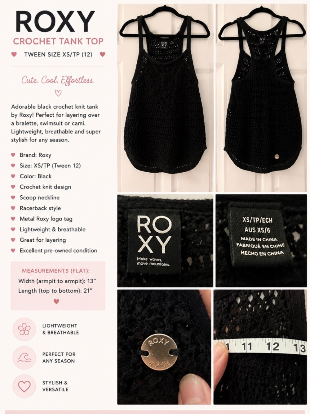 Roxy Black Crochet Tank Top Cover Up XS Tween 12 Boho Beach Swim